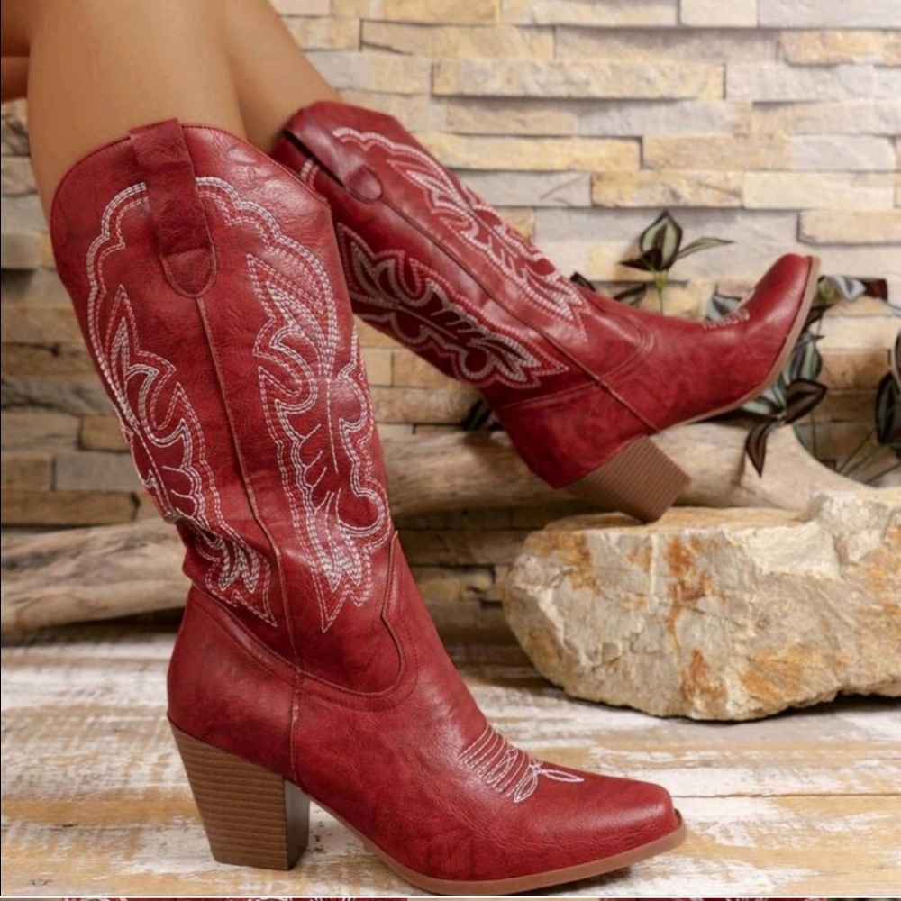 Women's Western Style Embroidered Mid-Calf Boots With Pointed Toe, Chunky Heel - Picture 1 of 4